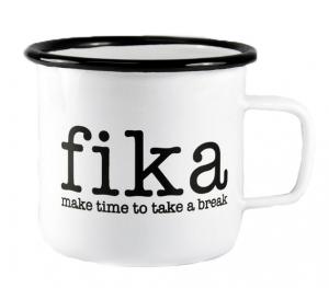 Mugg "Fika", svart/vit (emaljmugg) Present