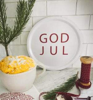 Bricka God Jul, vit med röd text (rund 31cm) Present