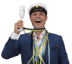 Champagneglas med blå/gult band Present