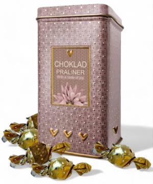 Plåtburk med chokladpraliner - rosa/lila blomma Present