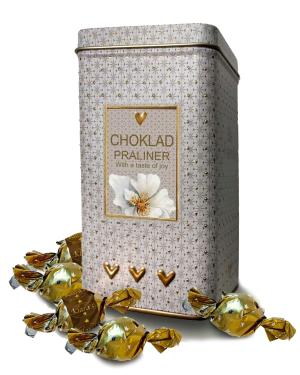 Plåtburk med chokladpraliner - vit blomma Present
