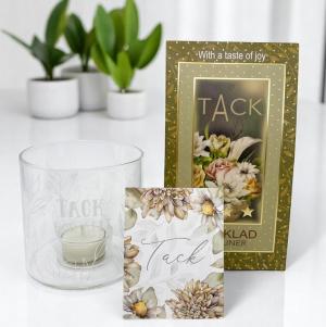 Presentset Tack (ljuslykta, chokladpraliner och kort) Present