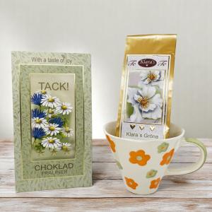 Presentset Tack (mugg, chokladpraliner och te) Present