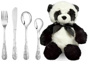 Barnset med 4 rostfria bestik och mjukis panda - Doppresenter