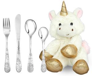 Barnset med 4 rostfria bestik och mjukis enhörning - Doppresenter